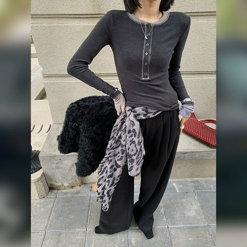 十三粥私服 叠穿buff 显瘦长袖修身叠穿假两件灰色针织磨毛上衣