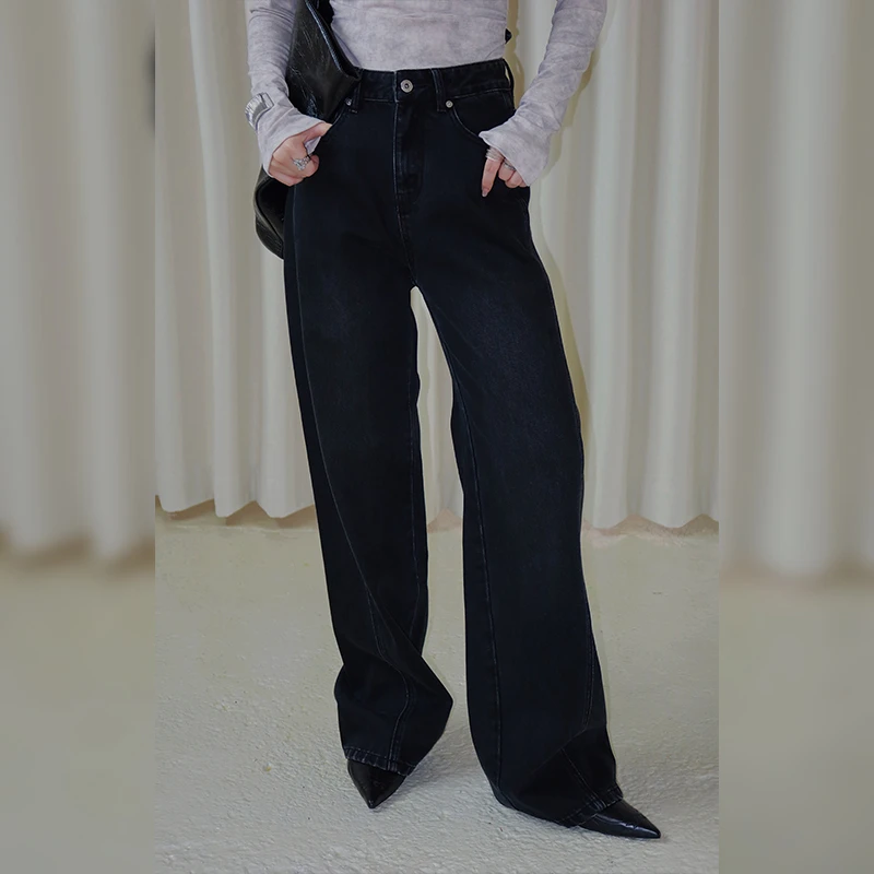 十三粥私服 镰刀裤 垂坠感包容性强百搭直筒水洗黑色牛仔裤