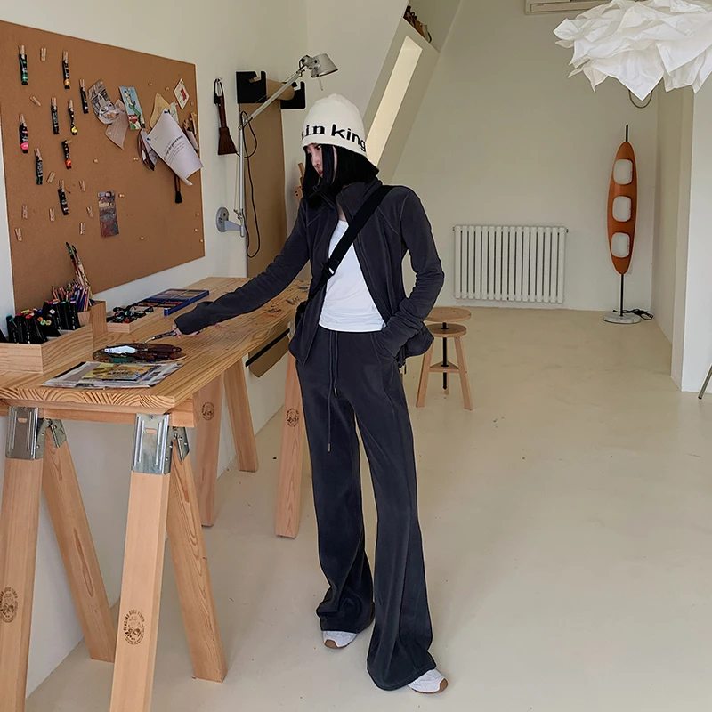 十三粥 懒人日记 休闲百搭立领开衫外套显瘦高腰阔腿裤保暖两件套