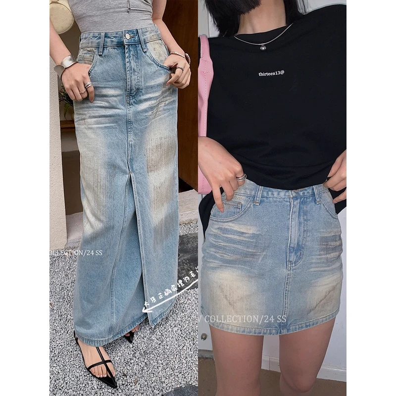 十三粥私服 牛仔女郎 韩版休闲做旧高腰显瘦磨白遮肉半身裙夏新款