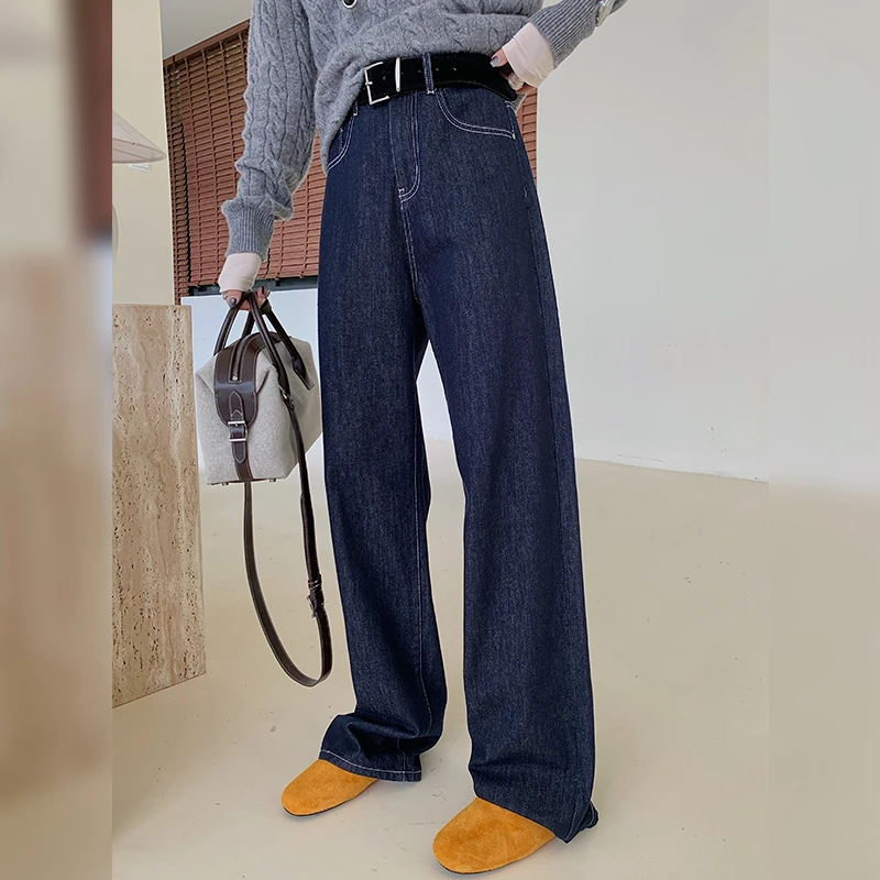 十三粥 暖暖丹宁裤 休闲高腰撞色明线直筒显瘦遮肉加绒牛仔裤秋冬