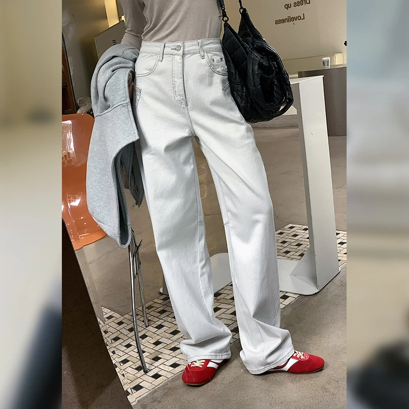 十三粥 镰刀白牛 时髦高级显瘦宽松休闲裤白色高腰阔腿牛仔裤秋冬