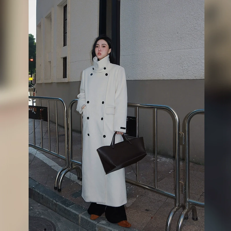 十三粥私服 韩剧氛围 气质双排扣宽松保暖韩版长款立领双色羽绒服