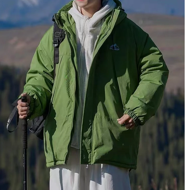 绿色假两件刺绣连帽高级感棉服冬季工装短款棉衣痞帅