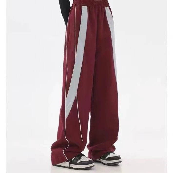 美式复古街头嘻哈红色阔腿裤高街小众设计感直筒运动休闲