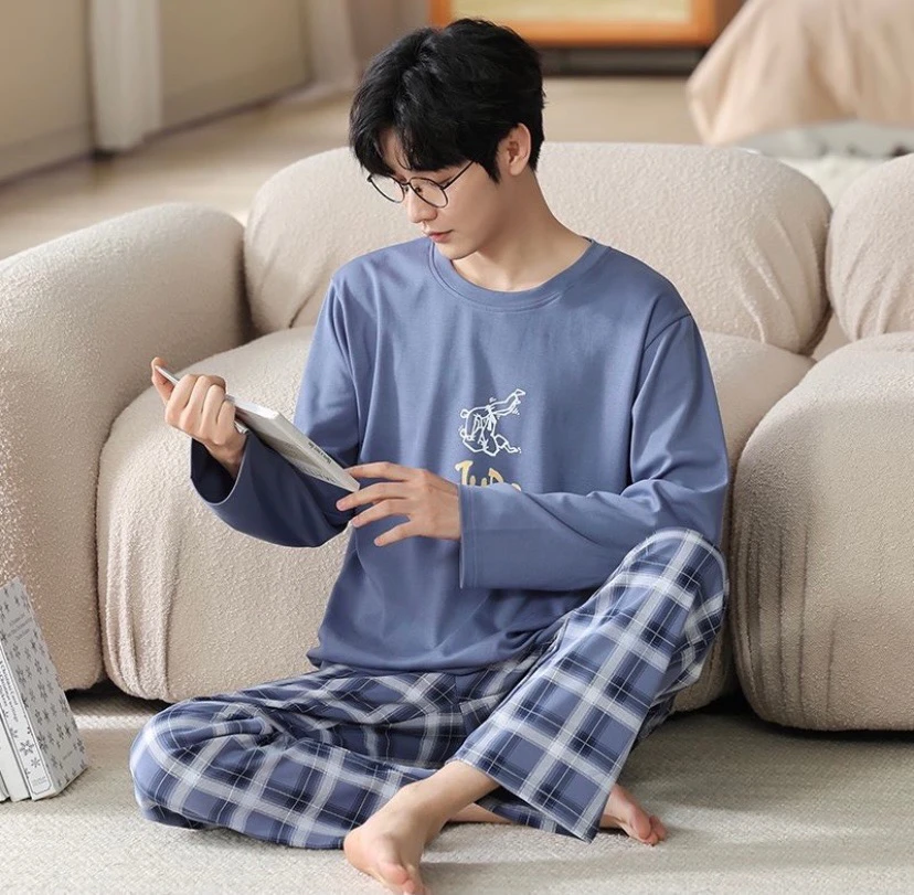 秋季新款男士蓝色字母长袖长裤家居服套装 YZT 9513