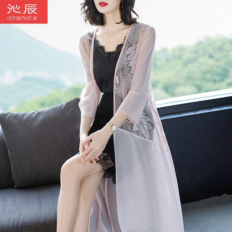 防晒衣夏季女装蕾丝绣花拼接宽松雪纺衫女薄外套开衫外搭薄款