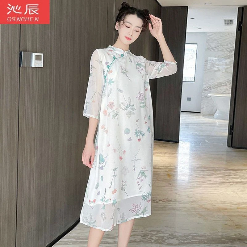 改良旗袍连衣裙夏2022民国风遮肚子印花文艺雪纺茶服仙气禅意长裙