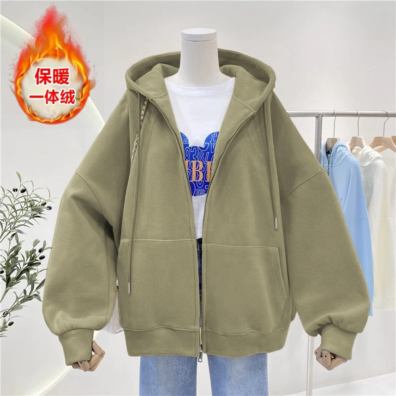 山东即墨卫衣女2025新款爆款秋冬季加绒加厚休闲开衫连帽上衣外套