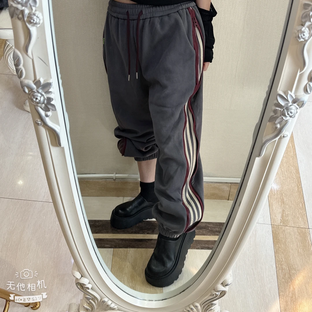 重工欧货彩红条加绒束脚卫裤