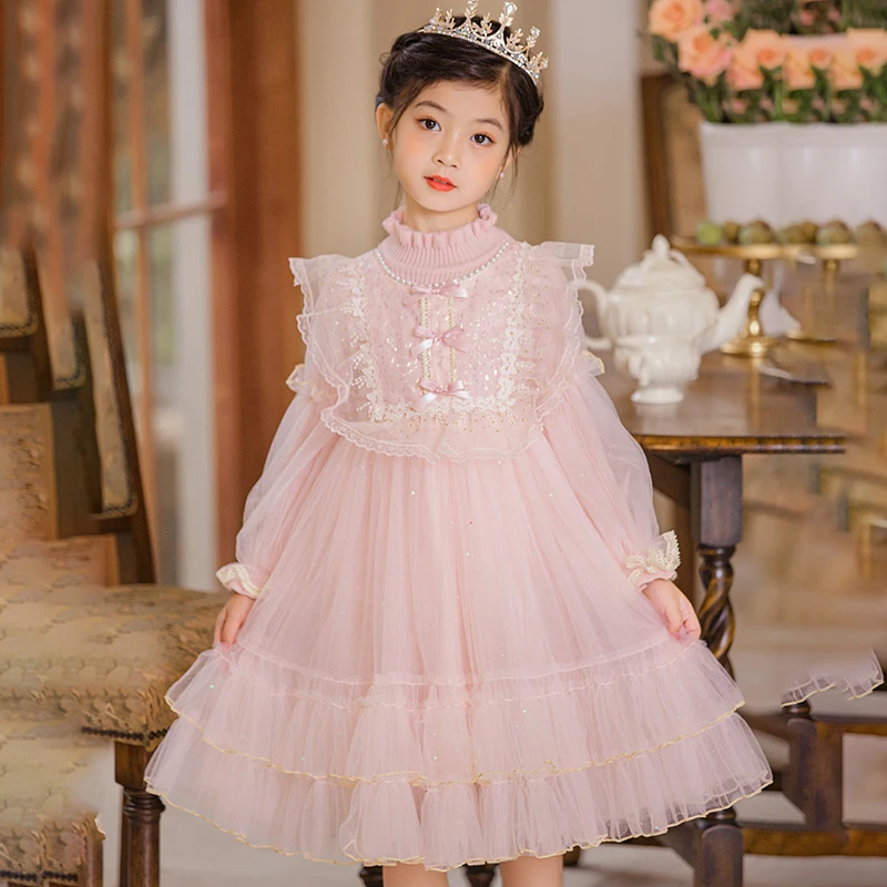 女童秋冬毛衣裙子 2023新品儿童洋气蓬蓬网纱生日礼服裙连衣裙子