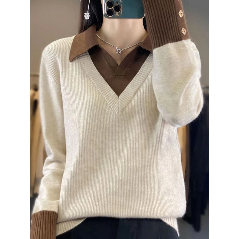 2532秋冬新款v领假两件衬衫领套头针织衫