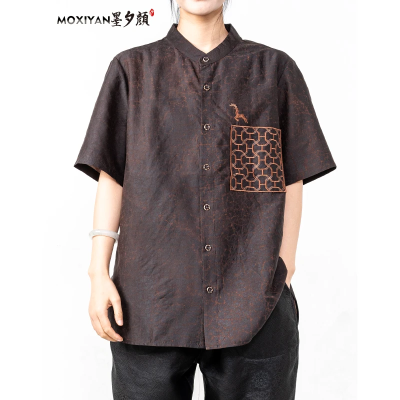 【墨夕颜】2024新款桑蚕丝男士 老料龟纹立领衬衫-YS-100