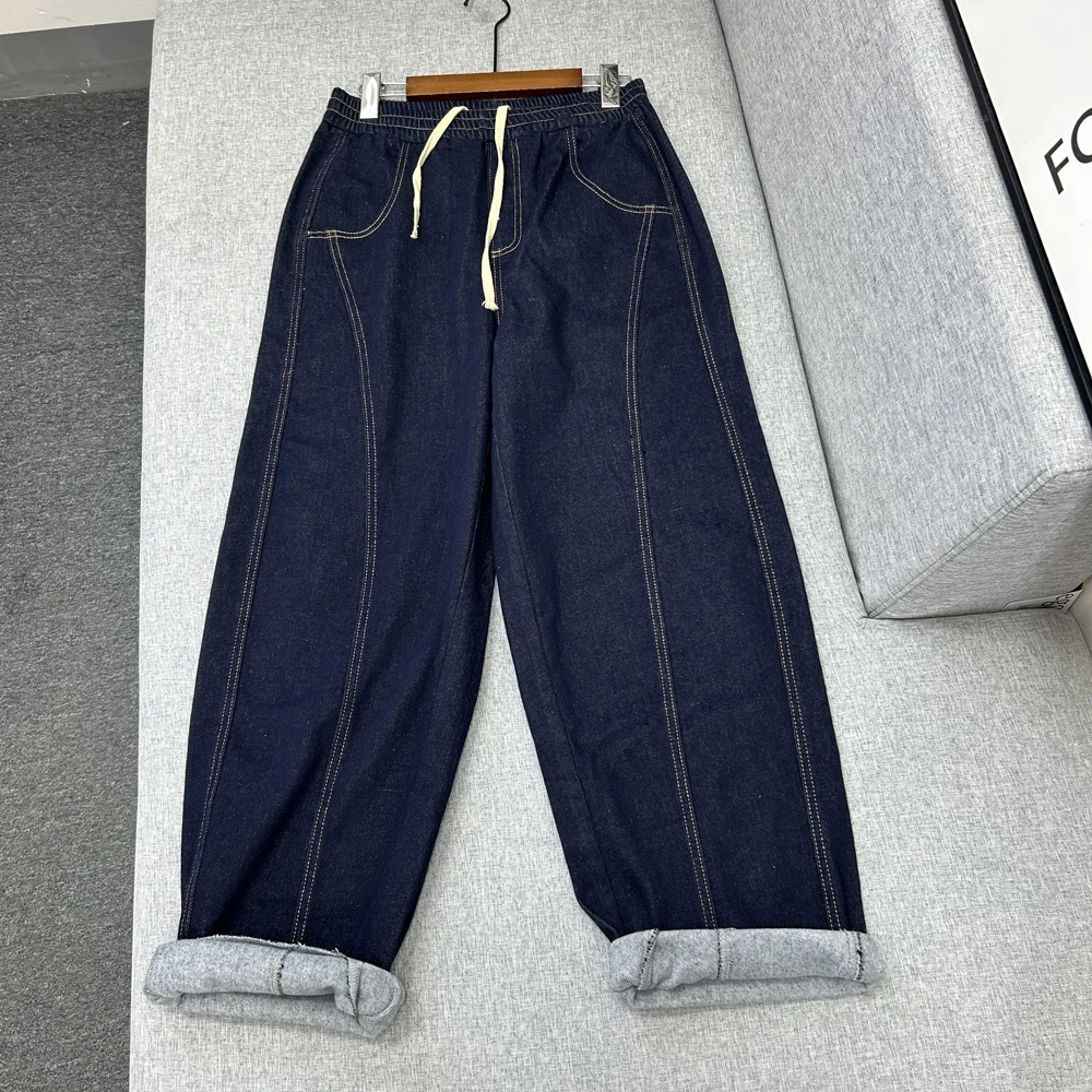 磨毛拉绒冬季松紧腰弯刀裤牛仔裤百搭日系厚款老抵扣长裤C6134