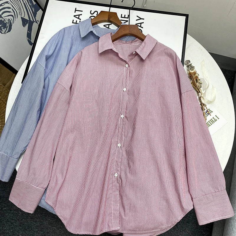 简约经典全棉条纹衬衫宽松显瘦Polo领休闲上衣 c2622