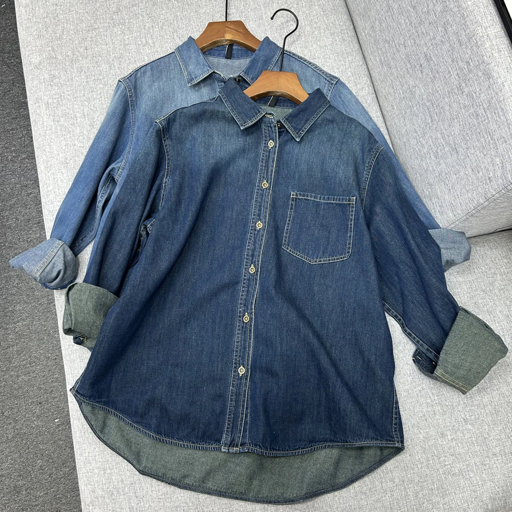 全棉砂洗牛仔衬衫女长袖 复古简约休闲衬衣百搭衬衫女春秋
