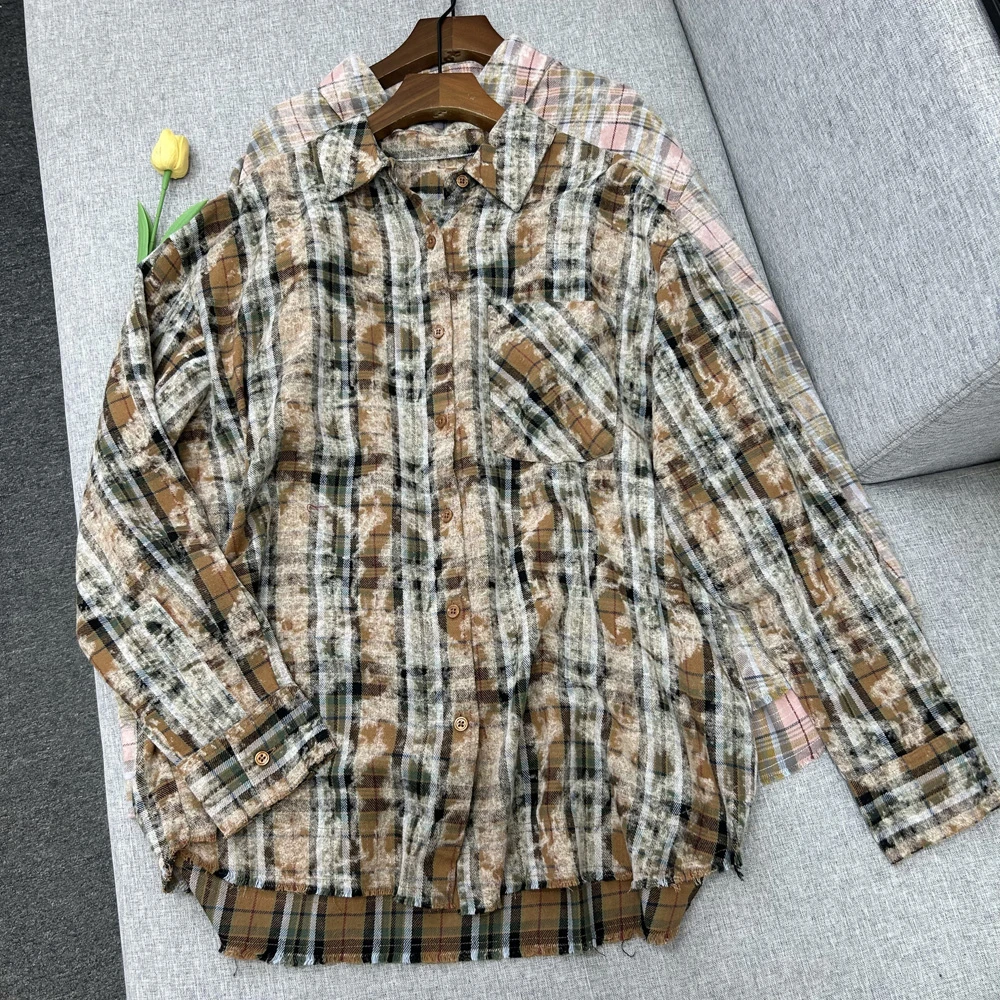 外贸单 扎染炒色秋冬新款翻领棉质格纹衬衫女长袖衬衣C6113