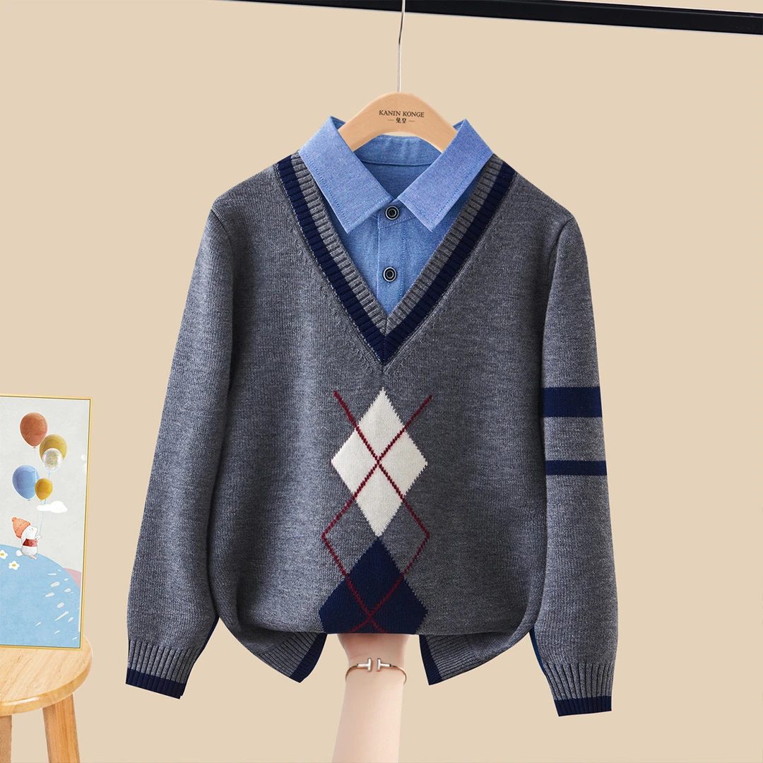 TUHUANG/兔皇【100%羊毛】毛衣男童加厚假两件秋冬上衣童装TM807386