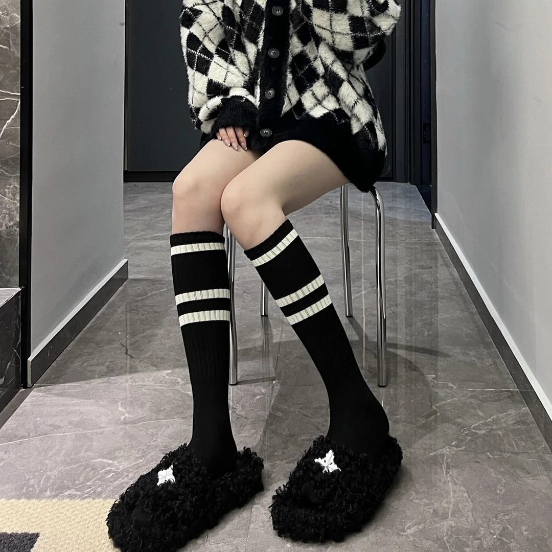2024网红袜子新款jk百搭黑色小腿袜秋冬条纹长腿压力中筒袜女袜子