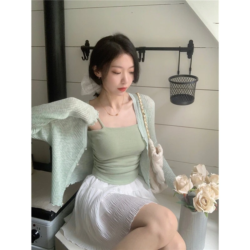 韩版2024新款夏季薄款长袖外搭防晒针织开衫V领披肩外套女空调衫