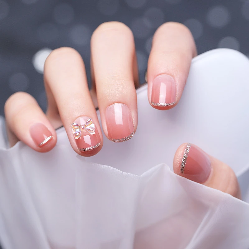 【短款】清新法式渐变麦芽粉蝴蝶结穿戴式美甲贴片送工具果冻胶贴