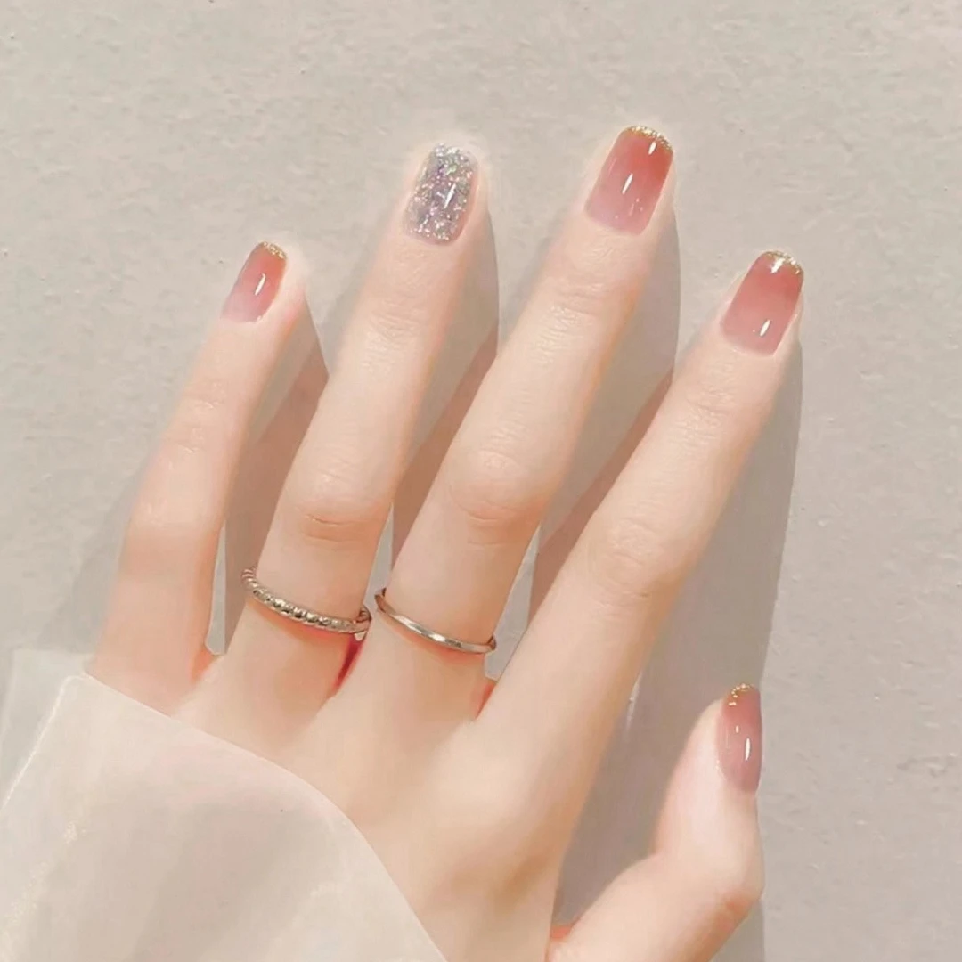 【短款】法式渐变粉闪粉亮片跳色 清新日常款 穿戴式美甲指甲贴片