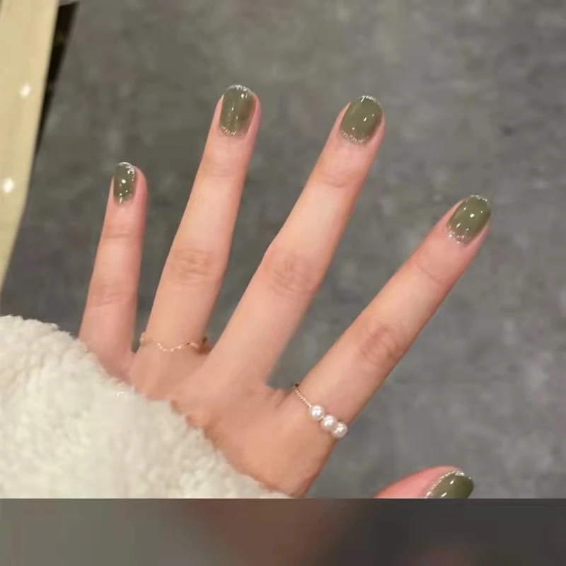 【短款】抹茶绿银边超显手白穿戴美甲可重复使用送工具包果冻胶贴