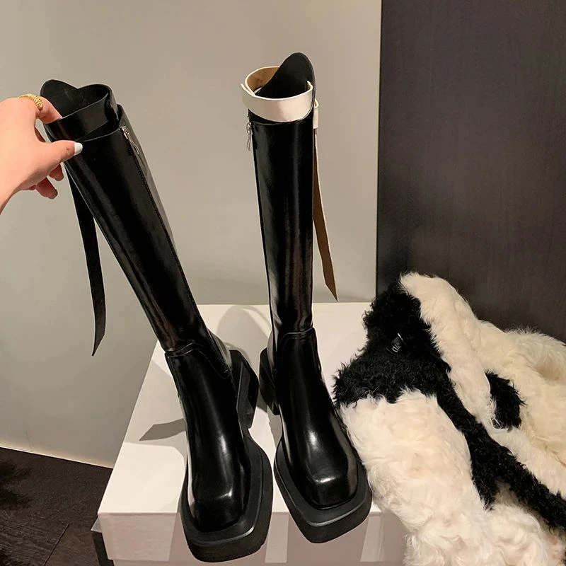 现货柜柜直发【.【牛皮】跟5cm靴子长筒靴女时尚个性设计小众靴子