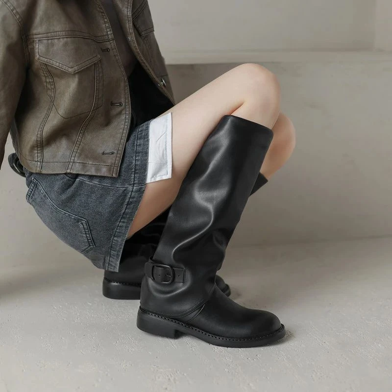 超好走路！盲入不亏~英伦风复古宽筒骑士靴女小个子低跟显瘦长靴