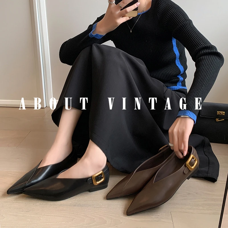 胎牛皮女士平底单鞋百搭气质黑色尖头春季新款2024年