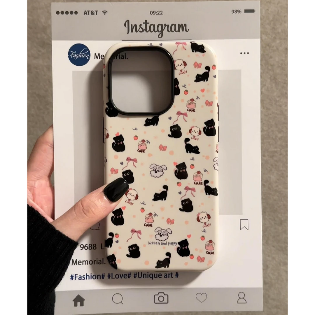 满屏小黑猫iPhone16苹果15菲林二合一防摔手机壳13卡通可爱风ins