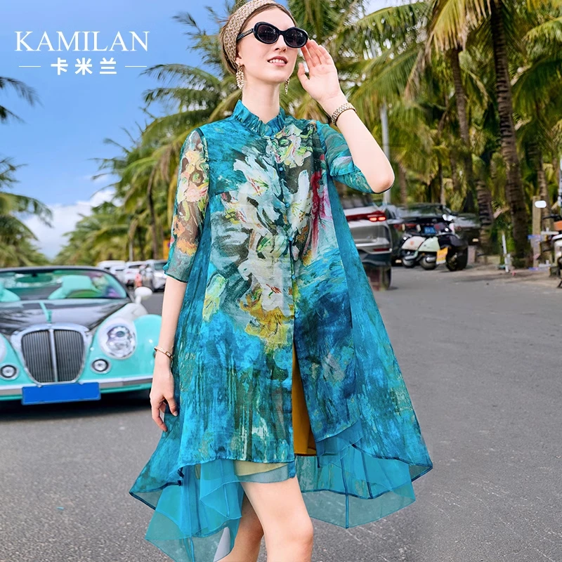 卡米兰海边度假真丝连衣裙女2024夏季新款中长款七分袖印花A字裙