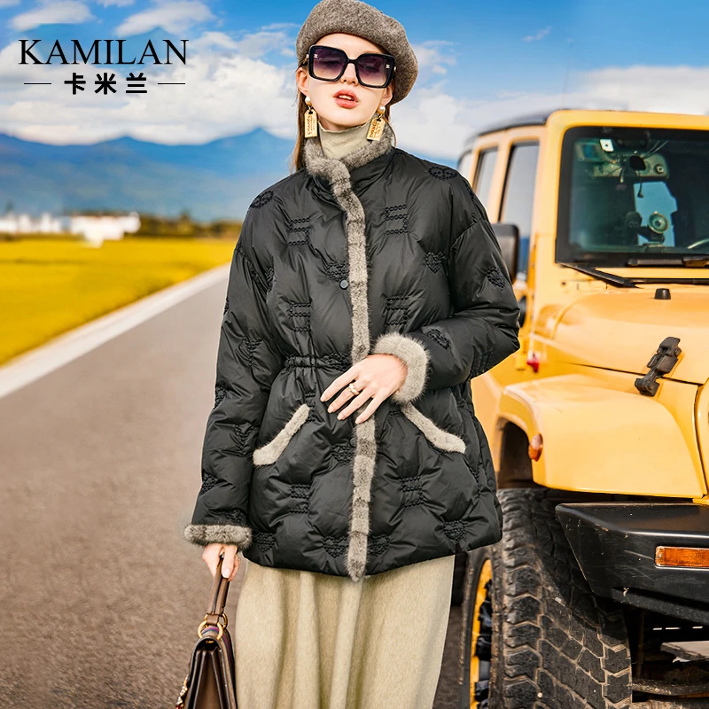 卡米兰水貂毛领拼接白鹅绒羽绒服女2023冬季新款保暖鹅绒服外套