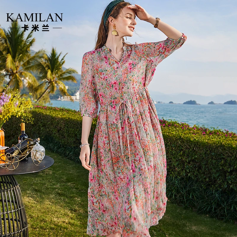 卡米兰别致独特气质连衣裙女2024春夏新款中长款度假A字裙