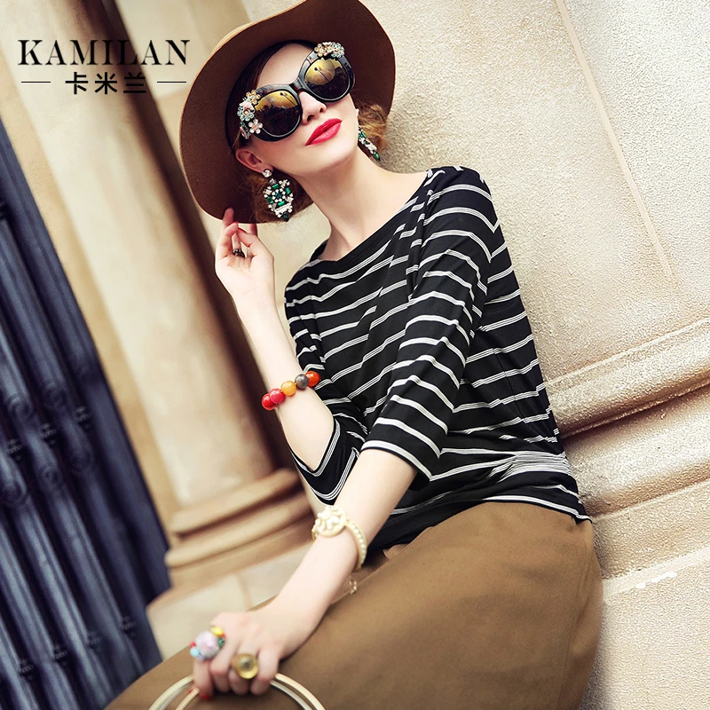 KAMILAN 卡米兰2024年新款套头圆领欧美时尚七分袖上衣女条纹T恤