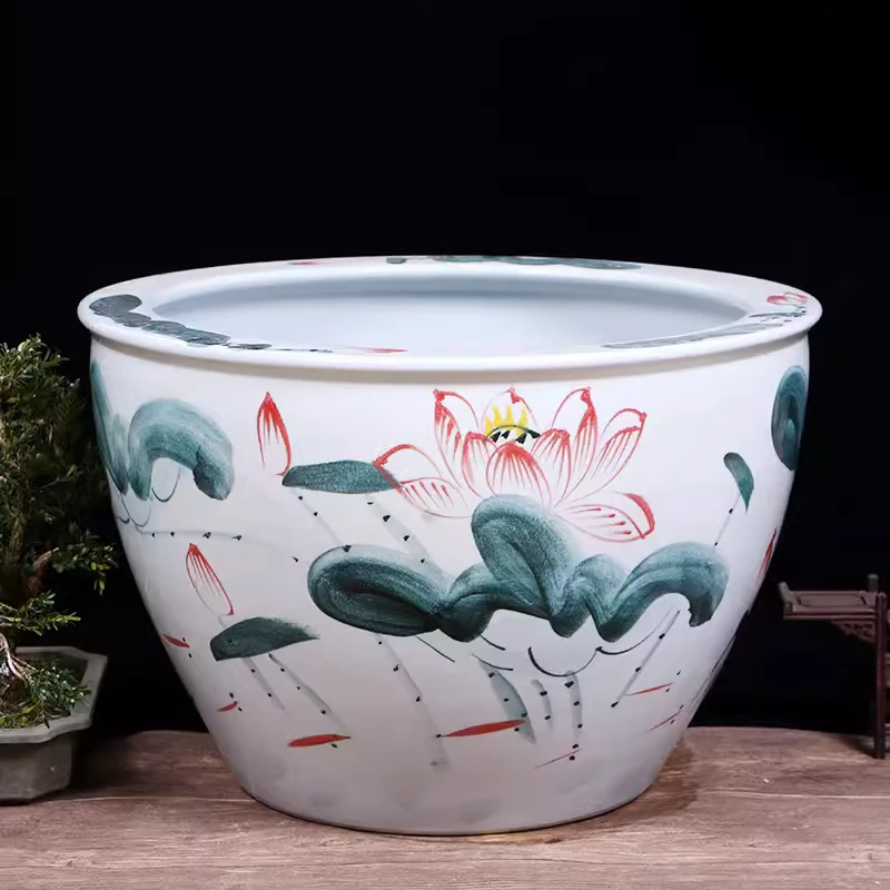 《平口水墨荷花60*43cm》景德镇陶瓷缸摆件庭院景观手工手绘种树