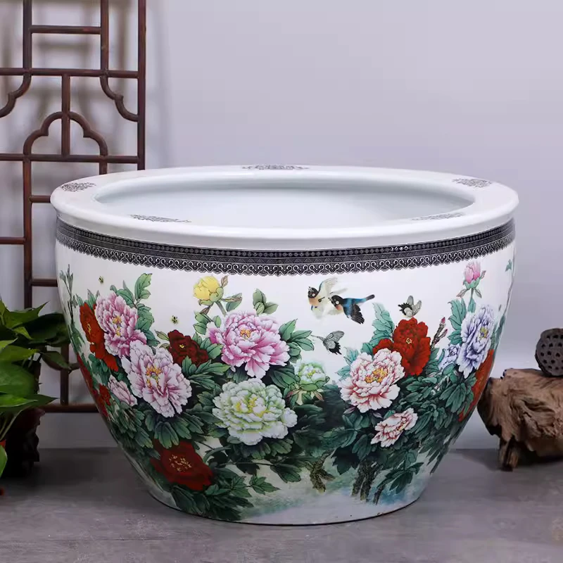 《春色满园70*50cm》景德镇陶瓷大缸书房茶室落地养鱼水循环摆件