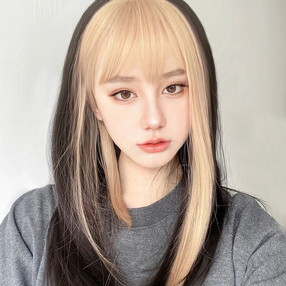 长发网红黑黄双拼空气刘海双色lolita中长直发假发假发推荐lolita