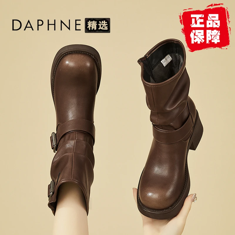 达芙妮西部牛仔靴时髦靴子厚底马丁靴冬季2025新款美拉德棕色短靴