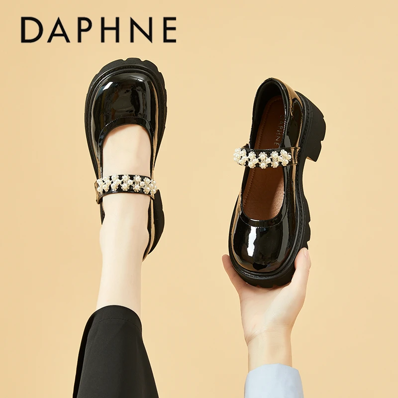 达芙妮新款百搭英伦风乐福鞋女黑色配jk玛丽珍鞋法式圆头厚底单鞋