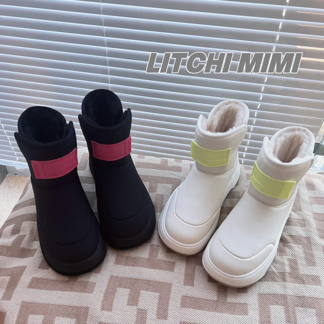 【MIMI】瑞典小众设计师款荧光撞色厚底增高加绒保暖短筒雪地靴潮