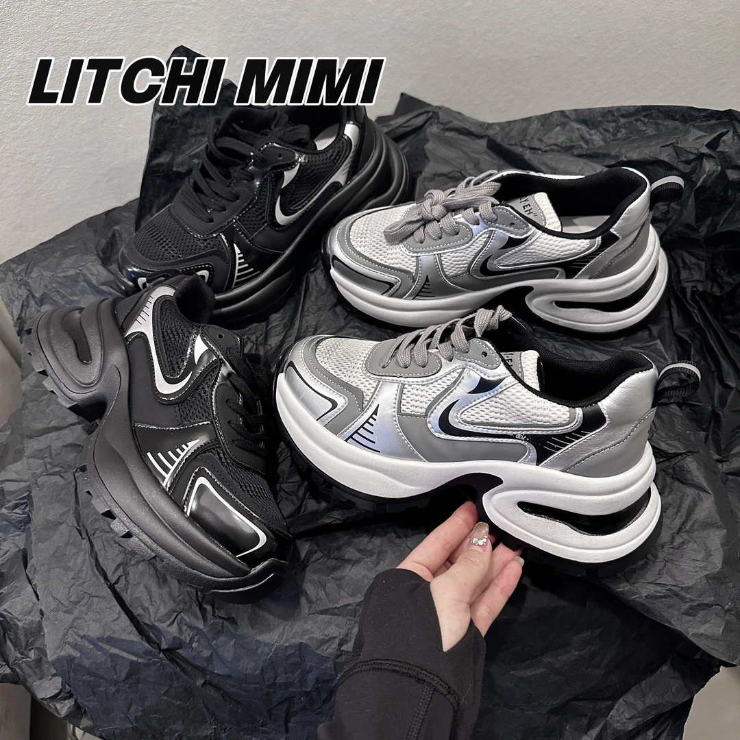 【MIMI】赵露思同款加绒做旧擦色老爹鞋厚底增高网面系带休闲运动鞋
