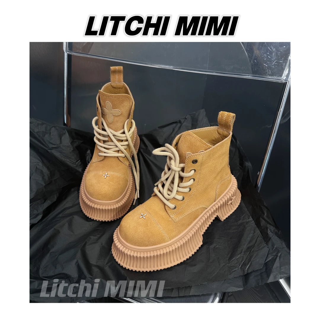 【MIMI】鞠婧祎同款大黄靴女真皮复古厚底马丁靴英伦风短靴ins潮
