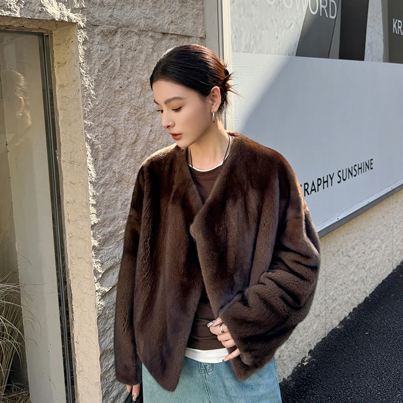 2024新款貂皮大衣女整貂进口紫标天鹅绒水貂v领短款皮草外套