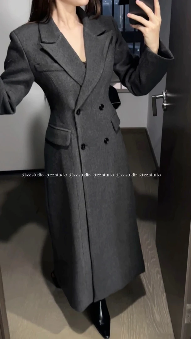 售完不补秋冬新款枪驳领极简高级感收腰双排扣单面呢气质大衣1886