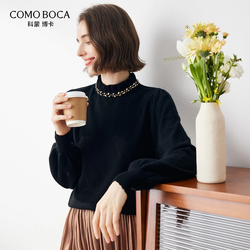 COMOBOCA/科蒙·博卡时尚气质花边领长袖纯色针织羊绒衫KSR1468