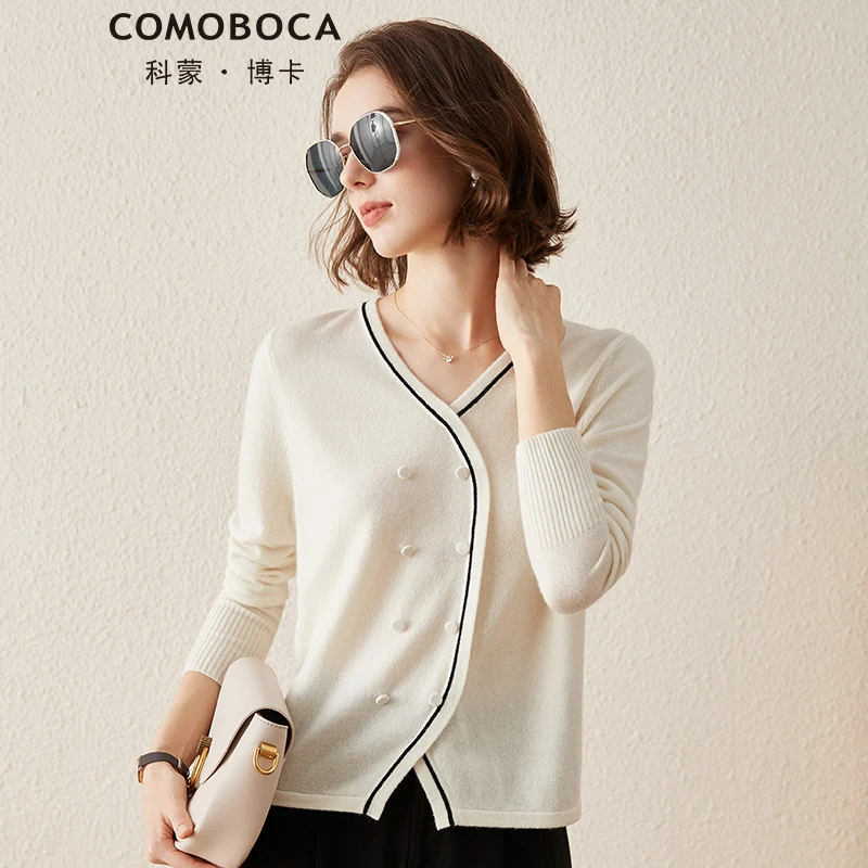 COMOBOCA/科蒙·博卡春季新款气质V领时尚百搭撞色羊绒衫女KSQ1234