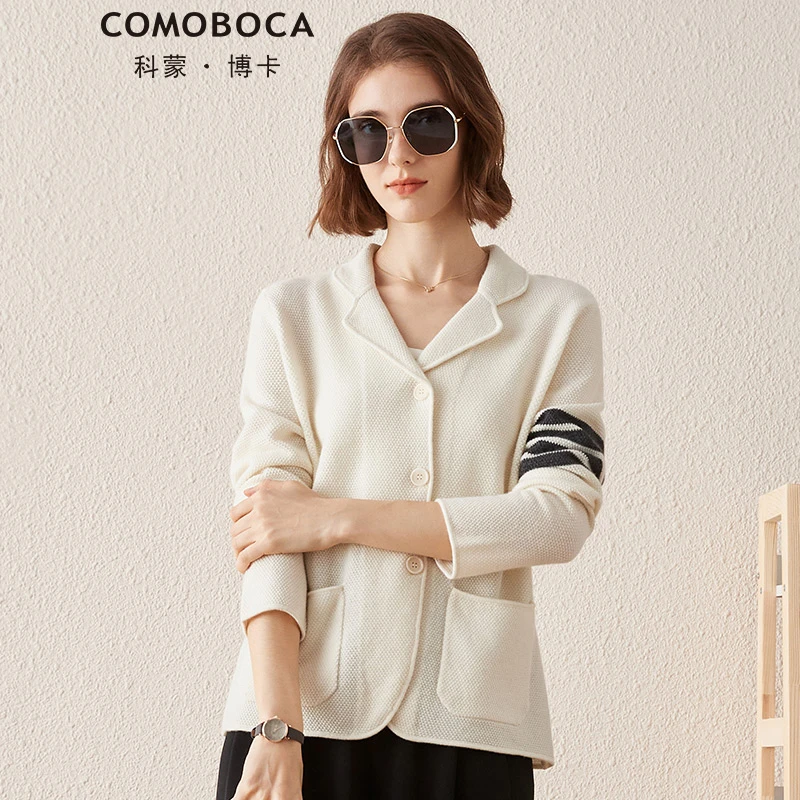 COMOBOCA/科蒙·博卡菠萝花撞色条纹气质百搭女纯羊绒开衫KSQ1440