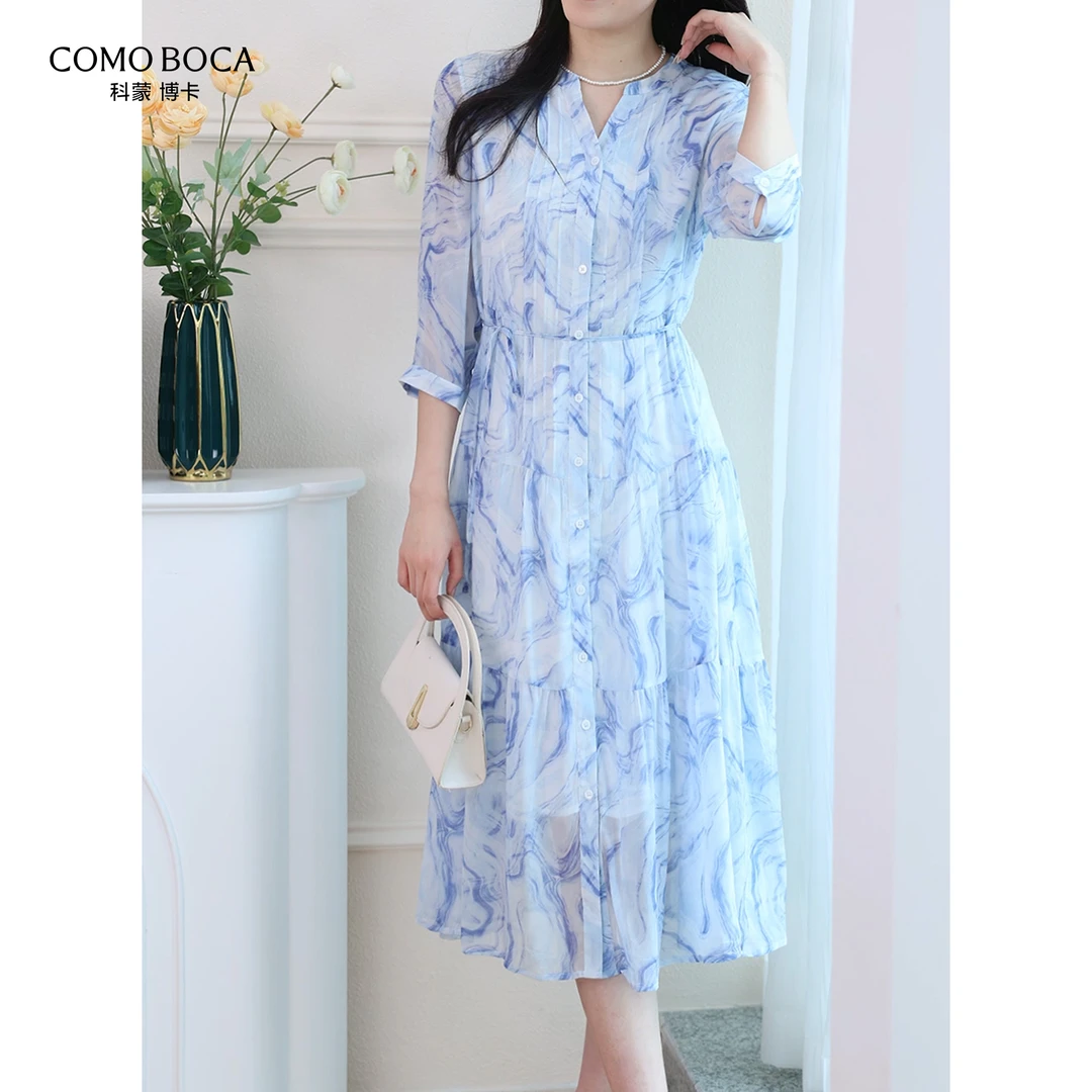 COMOBOCA/科蒙·博卡春夏气质休闲连衣裙桑蚕丝收腰裙子KXRRYL8196