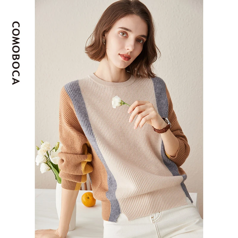 COMOBOCA/科蒙·博卡秋冬简约宽松撞色毛衣女针织纯羊绒衫KSQ1536